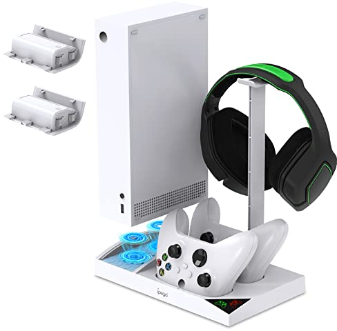 FASTSNAIL Charging Stand with Cooling Fan for Xbox Series S Controller and Console,for Xbox Series S Game Accessories with 2x1400mAh Battery Packs,Dual Controller Charger Dock Station & Headset Holder