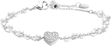 Bracciale da donna in acciaio doppia catena con perle cuore con cristalli di Marlù, 15BR068-W