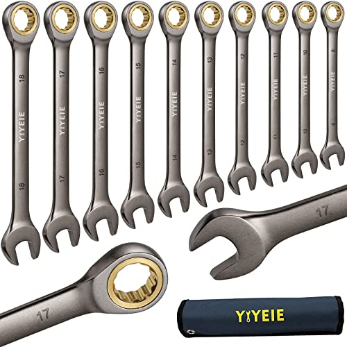 YIYEIE 10pcs Ratcheting Combination Spanner Set, Metric 8-18 mm, Nickel Plating, 72-Tooth Ratchet Box End and Open End, Cr-V Constructed, with Rolling Pouch
