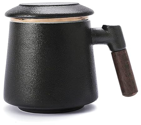 Jiaxu Copas Taza de té con Filtro de cerámica de 435ml con Tapa, Taza de separación de Agua de té, Taza de té de Oficina con Mango de Madera Tazas AGIPS (Color : Negro)