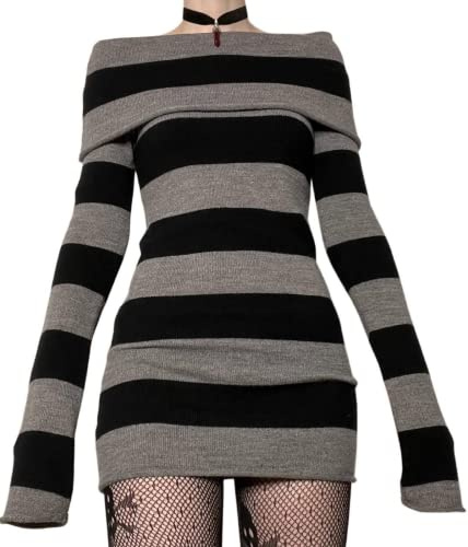 Betrodi Women Gothic Dresses Long Sleeve Off Shoulder Knitted Mini Dress Punk Dark Academia Y2k Retro Grunge Short Dresses (A Black, X-Large)