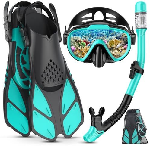 Lealinga Snorkel Set Adult with Flippers, Anti-Fog Diving Set, Dry Snorkel, Adjustable Flippers, Snorkelling Packages for Men and Women