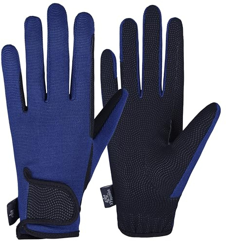 AFE Ladies Horse Riding Gloves Track Fabric Gloves Synthetic Leather Equestrian Black Stretch Fabric Navy Blue (Large)
