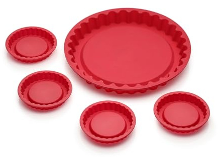 Coolinato - Silikon Backform Tarteform 5er Set Rot - Für Tarte, Kuchenböden, Obstkuchen & Quiche - Flexible Tortenbodenform 31 cm & 4x12 cm backofenfest bis 230°C & antihaft inkl. tollen 4 Rezepten