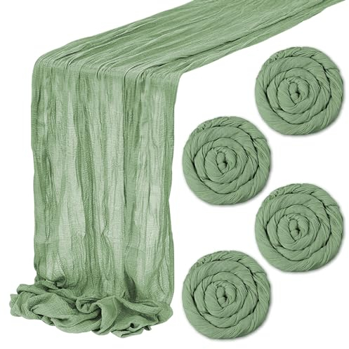 IULONEE 4 Pack Runner da Tavolo in Chiffon 90 x 400cm Runner Tavola Verde Salvia Garza Boho Runner da Tavolo Runner Tavola Lavabile Decorazione Tavola Matrimonio Per Matrimoni Compleanni Comunioni