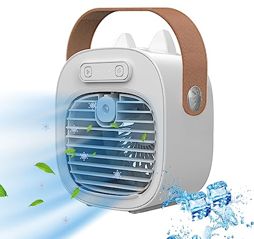 Portable Air Cooler,Mini Air Conditioner USB Rechargeable Air Cooler 3 Speed Modes,Personal Air Conditioner Desktop Ice Fan Humidifier Room Coolers for Bedroom,Office (USB Rechargeable（with Handle）)