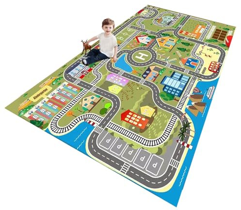 ZFHNYJWKL Kinder spielteppich Auto Jungen & Mädchen Teppich Straßenteppich Bauteppich Stadtstadt Lernbereich Teppich Pädagogischer Antirutsch für Kinderzimmer Grau Blau Grün(B,140X200CM)