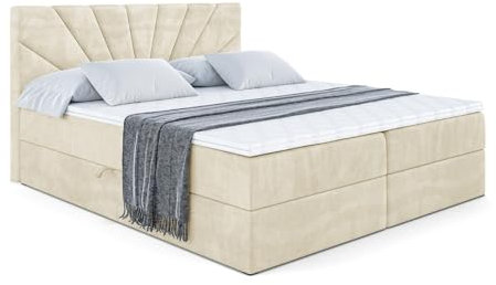 ALTDECOR Boxspringbett mit Matratze und Lattenrost, Boxbett, Topper, Polsterbett mit Bettkasten, Bett mit Stauraum H4-Matratze, Doppelbett, Springboxbett - MILTIO - 180x200 - Beige Monolith 04