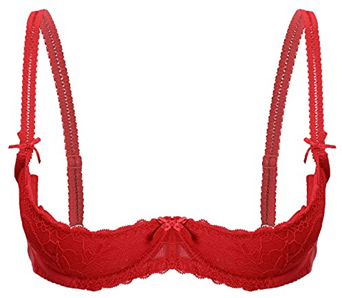 Freebily Sujetador De Encaje Transparente para Mujer Lencería Erótica 1/4 de Copas Pecho Abierto Push Up Babydoll Ropa de Dormir Interior C Rojo M