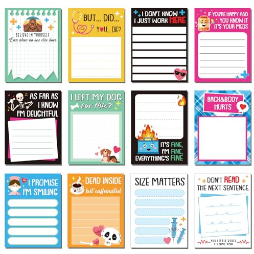 Mooliwe 12 Pcs Funny Nurse Sticky Notes Sarcastic to Do List Notepad Cute Self Adhesive Nurse Notepad Office Supplies for Writing Notes Schedules Diary Lists Coworkers Gifts, 3 x 4 Inch(Funny Style)