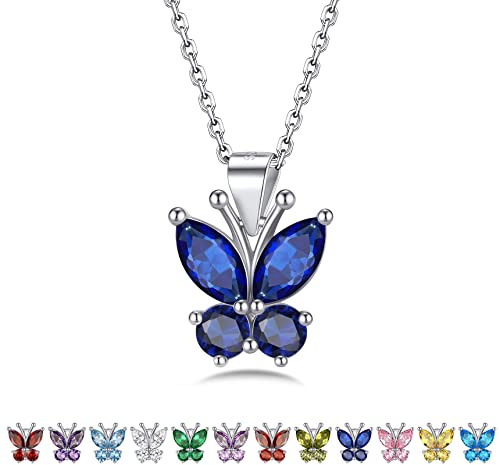 Bestyle Silber 925 Damen Kette mit Geburtsstein Saphir, Schmetterling Anhänger Butterfly Necklace September Mondstein Kettenanhänger blauer Heilstein Geschenk für Mädchen