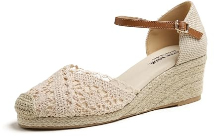 Feversole dam kil sandaler minnesskum slingback mellanklackar mode Espadrille ankelrem sommarskor, Beige kil stickad virkad jute, 39 EU