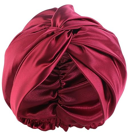 100% Maulbeerseide Frauen Nachtmütze,Schlafmütze Seide Duschhaube Gut für das Haar, Weiche Silk Bonnet Seidenhaube,Verstellbare Doppelschichten Motorhaube,Haarpflege Kopfhaube 26×23cm(Burgunderrot)