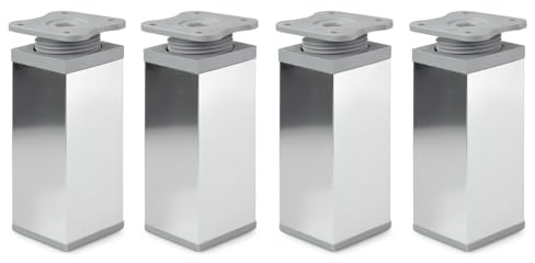 ATM Verstellbare Möbelfüße | 4er-Set | Höhenverstellbar | Aluminium und Kunststoff | Vierkant-Profil: 40 x 40 mm | Farbe: Chrom | Höhe 150mm (+20mm) | Hochwertige Holzschrauben inklusive