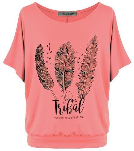 Van Der Rich ® Oversized Batwing Sleeve Printed T-Shirt Women (Feather-Coral, XXL)
