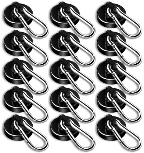 DIYMAG Black Magnetic Hooks, 110LBS Heavy Duty Neodymium Magnetics with Swivel Carabiner Hook,Great for Your Refrigerator and Other Magnetism Surfaces, Pack of 15