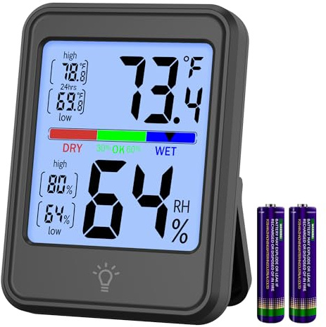 Digital Thermometer Hygrometer, Indoor Wall Thermometer, Indoor Humidity Temperature Monitor with Max&Min Records Backlit for 10S for Greenhouse, Home and Office Measuring Devices