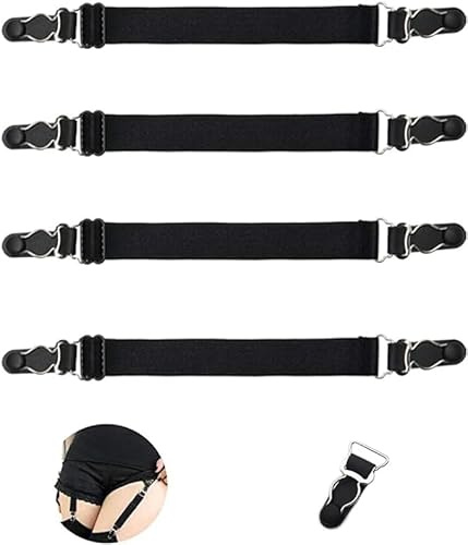 Theaque Adjustable Stocking Clip Elastic Double-Way Thigh High Suspenders Duckbill Buckle Non-Slip Garter Socks Belt Fastener Straps Shirt Holder Locking Clamps for Sexy Women 4 Pcs Black