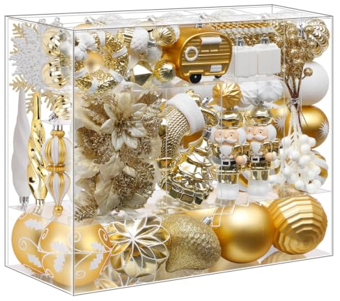 SHareconn Set di 135 Palline di Natale Decorazioni, Infrangibili Ornamenti, Decorazione per Albero di Natale & Feste Matrimoni, Diverse Forme di Palline con corda(Oro e Bianco)