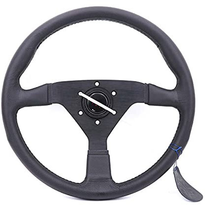 Volante Sportivo,Volante Auto Sportivo Ruote dello sterzo della deriva di cuoio genuino nero da 14 pollici / 350mm con cuciture nere