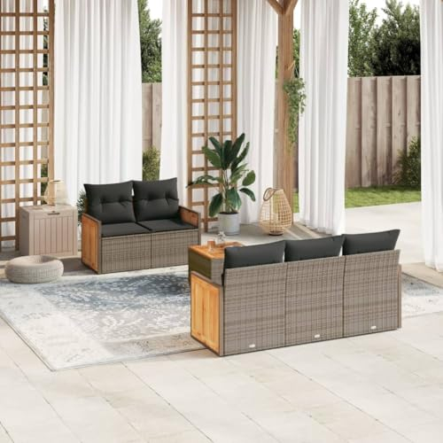 THOYTOUI 6-TLG. Garten-Sofagarnitur, Möbelsets Terrassen möbel Set Garten Bar Set Gartengarnitur Set Geeignet für Balkon Veranda Terrasse Garten mit Kissen Grau Poly Rattan
