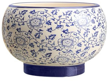 IOEDHW Chinesischer blau-weißer Porzellan-Pflanztopf, Keramik-Pflanztopf, Keramik-Sukkulenten-Pflanztopf mit moderner Glasur und Drainageloch, 20,3 cm großer runder Blumen-Pflanztopf