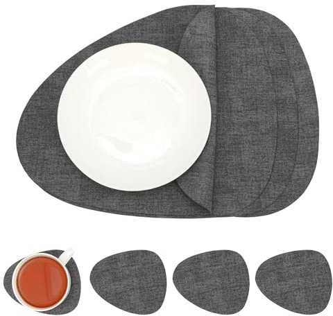 Syrads Manteles de Mesa y Posavasos Manteles Individuales de Cocina Impermeables Alfombrillas de café Manteles Individuales 4 Posavasos,Gris Oscuro