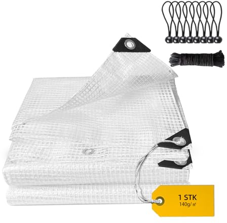 Bâche de protection imperméable 2 x 2 m résistante à l'hiver 140 g/m² transparente avec œillets pour la protection des plantes, meubles de jardin, bateau, camion, bois de chauffage