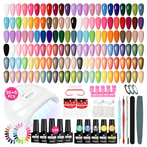 VANREESA 58PCS Gel Nail Polish Set with U V Light 35+5 Colours Gel Polish Nail Kit White Nude Pink Red Blue Purple Gels Nails Kit with Base Top Coat Manicure Salon Tools Gifts for Women