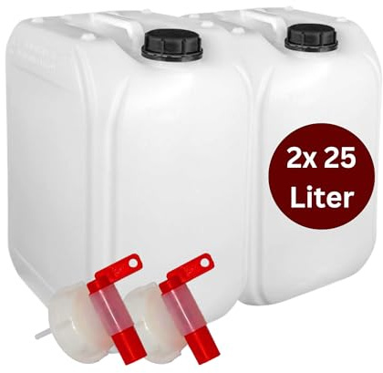 Brestol® 2 bidones de agua de 25 litros con grifo (DIN 61), sin BPA y apto para alimentos, bidones de plástico vacíos para agua potable, productos químicos, diésel y aceite, resistente a ácidos,