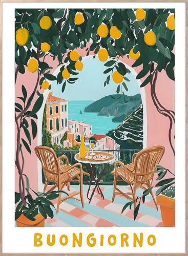 STYLER Bild Buongiorno 50x70 cm mit Holzrahmen – Italienisches Balkon-Motiv mit Zitronen – Lebendig Modern Minimalistisch Wandbild Deko