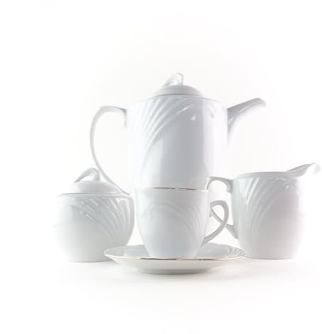 FranquiHOgar Kaffeeservice Lubeck aus weißem Porzellan mit Goldrand, 27-teilig, geprägtes Design