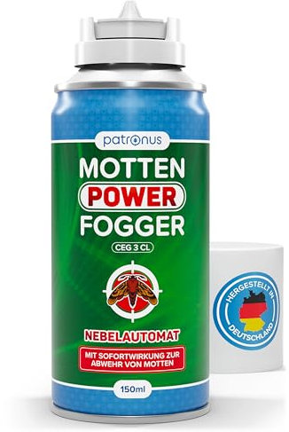 Patronus Motten Power Fogger - 150ml - effektiver Vernebler mit maximalem Sofortschutz gegen Motten, Kleidermotten, Lebensmittelmotten, für schwierig erreichbare Motten-Verstecke, deutsche Produktion