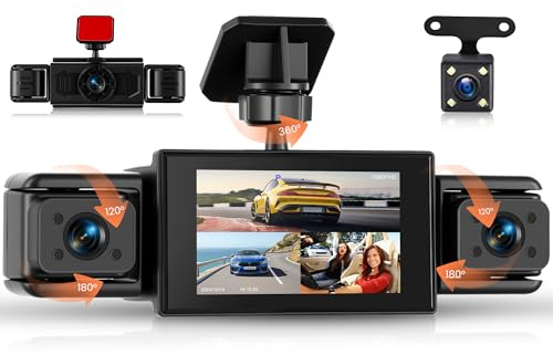 Rimoody FHD 4 Canali Dashcam Auto 360°, 4 Telecamera HD 1080P Anteriore e Posteriore Sinistra Destra, 3 Pollici Schermo IPS Dash Cam con Visione Notturna 8 IR/Loop Video/24H Parcheggio Monitor