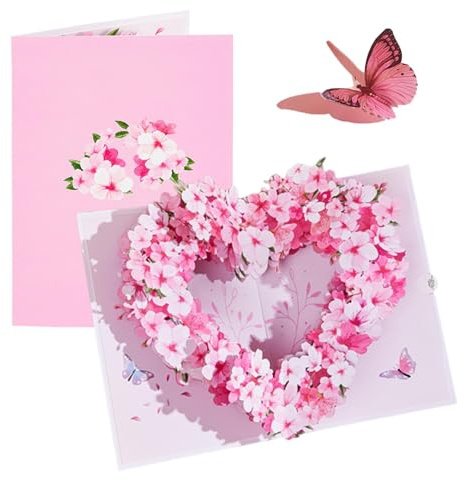 3D Pop-Up Kirschblüten-Herzkarte, Handgemachte Pop Up Karte Geburtstag und Hochzeit, Elegante Grußkarten für Besondere Anlässe, Hochwertige Geburtstagskarte Frau und Mädchen