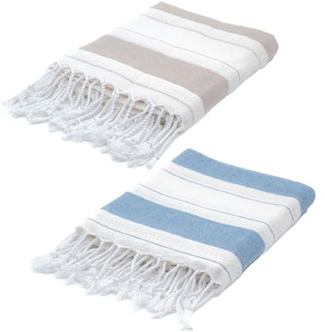BERCA HOME 2 Pack Ephesus Turkish Beach Towel – Lightweight, Quick Dry, Sand Free – 100% Cotton Peshtemal Hammam & Bath Towel – 90x190 cm – Soft & Compact (Beige & Blue)