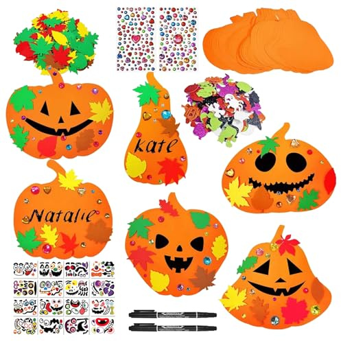 YCICHE 12 Stück Halloween Basteln Kinder, Glitzer Kürbis Schaum Aufkleber, Graffiti Sticker, DIY Kürbis Deko, Herbst Basteln, mit Ahornblatt Strasssteinen, für Herbst Thanksgiving Halloween Handwerk