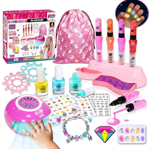 Nagelstudio Kinder Mädchen, Leuchtender Nagellack für Kinder, Peel-Off Kindernagellack, Nail Art Nagelset mit Nageltrockner, Nageldesign Geschenk 6 7 8 9 10 11 12 Jahre