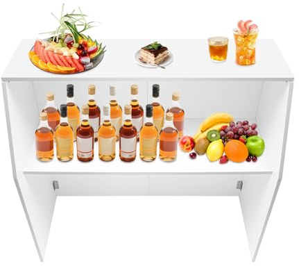 YUASDUU 4' Folding Portable Event Bar, Commercial Freestanding Bartender Station with Top and Center Shelf Mobile Laminate Foldable Bar for Parties Picnics Barbecues (White)