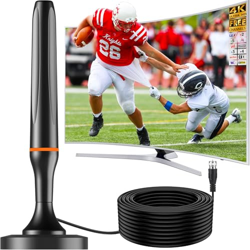 Antenne TV Intérieure TNT HD, 2025 Le Plus récent Antenne TV Intérieur, Réception Longue Portée à 360° avec Base Magnétique, Compatible avec Portable 4K 1080P et Tous Les TVs