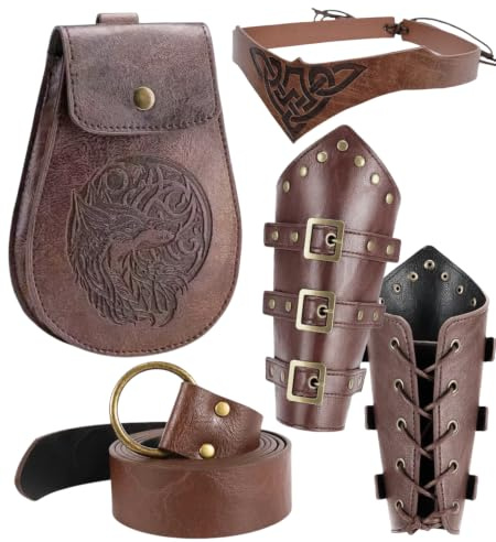 kasahara Mittelalter Gürtel Gürteltasche Set Geprägter Wikinger Outfit Accessories Vintage Armschienen Renaissance Wikinger Kostüm Zubehör für Fasching Halloween Festival Mottoparty