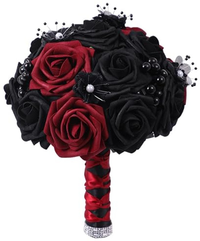 Muzrunq Schwarzer Rosenstrauß, 24, 9 cm, künstlicher Gothic-Hochzeits-Brautstrauß, rote und Schwarze Rosen, künstliche Blumen, Rosen-Hochzeitssträuße für die Braut
