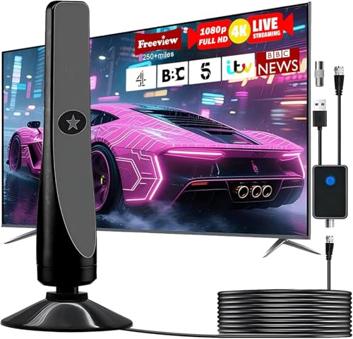 Sukiiter Upgraded TV Aerial - Indoor TV Aerial for Smart TV with Signal Booster, Digital TV Antenna indoor with strong signal uk for Miles Long Range Support 5K 1080P HDT - S1