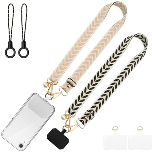 BORISCA 2 x Cavo Telefono Cellulare, 1 x Cordino Telefono Nero e 1 x Catena per Telefono Rosa con 2 cuscinetti trasparenti e 2 corde Telefono, Universale Catena Telefono Portatile Regolabile
