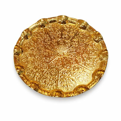 Bandeja Marroquí Dorada Metálica, Diseño Árabe, 35 cm de Diámetro, Ideal para Vasos de Té