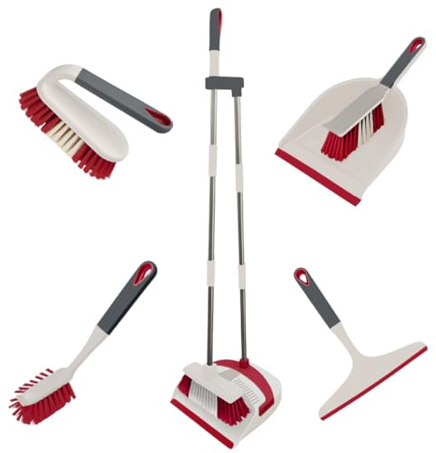 Knight All-in-one 5-Piece Household Cleaning Brush Set, Long Handle Dust Pan, Dustpan Brush, Window Squeegee, Dish Brush & Scrub Brush, Cleaning Solution For Floor, Bathroom, Home & Kitchen- Ivory/Red