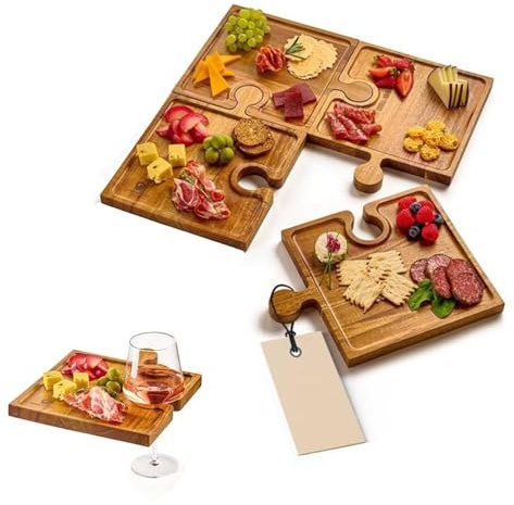 Set di 4 taglieri puzzle per salumi, puzzle ad incastro, tagliere in legno con manico, vassoio per formaggio e antipasto