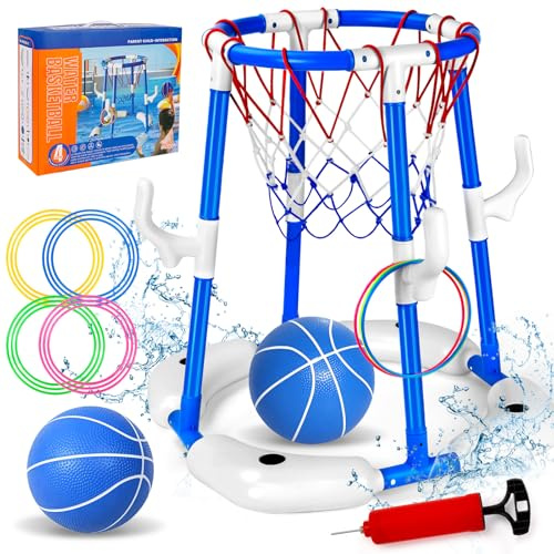 Beeoecm Canestro Basket Piscina, 2 in 1 Canestro da Basket Galleggiante per Piscina, Pool Basketball con 2 Palline, 12 Anelli e Pompa, Giochi Acquatici per Feste in Estive per Bambini e Adulti