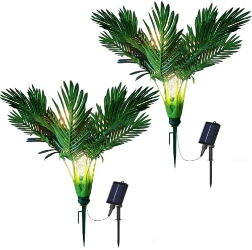 2 Pack Solar Palm Tree lights Artificial Plants Outdoor 25 Prelit Christmas Tree with Spike Pathway Light with 8 Lighting Modes for Xmas Decoration Yard Patio Garden Walkway Sidewalks Landscape