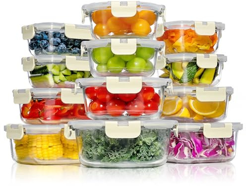 YASHE 12 Piezas Recipientes de Vidrio con Tapas Herméticas, Reutilizables, Apto para Microondas, Horno, Congelador y Lavavajillas, Sin BPA, Fiambrera Cristal, Blanco